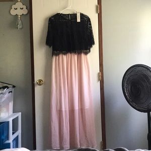 Black and blush babydoll maxi with lace overlay